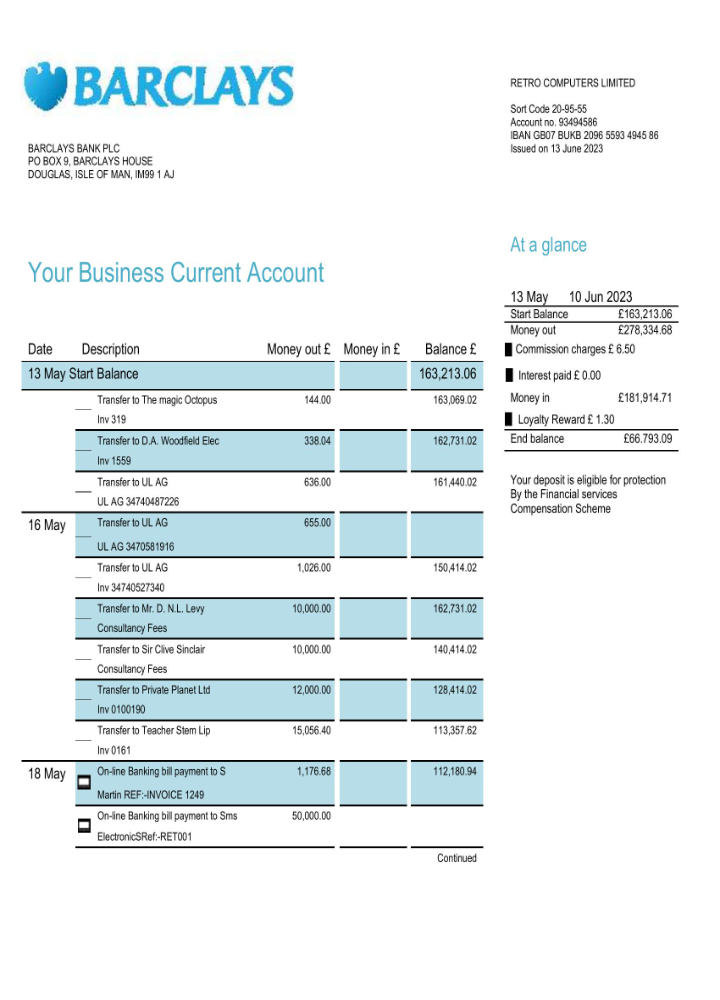 Modèle Word et PDF de relevé de compte professionnel de la banque Barclays